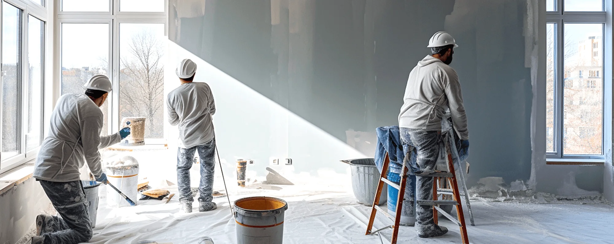 Schilders van VON Garant bereiden een lichte binnenruimte voor op schilderwerk
